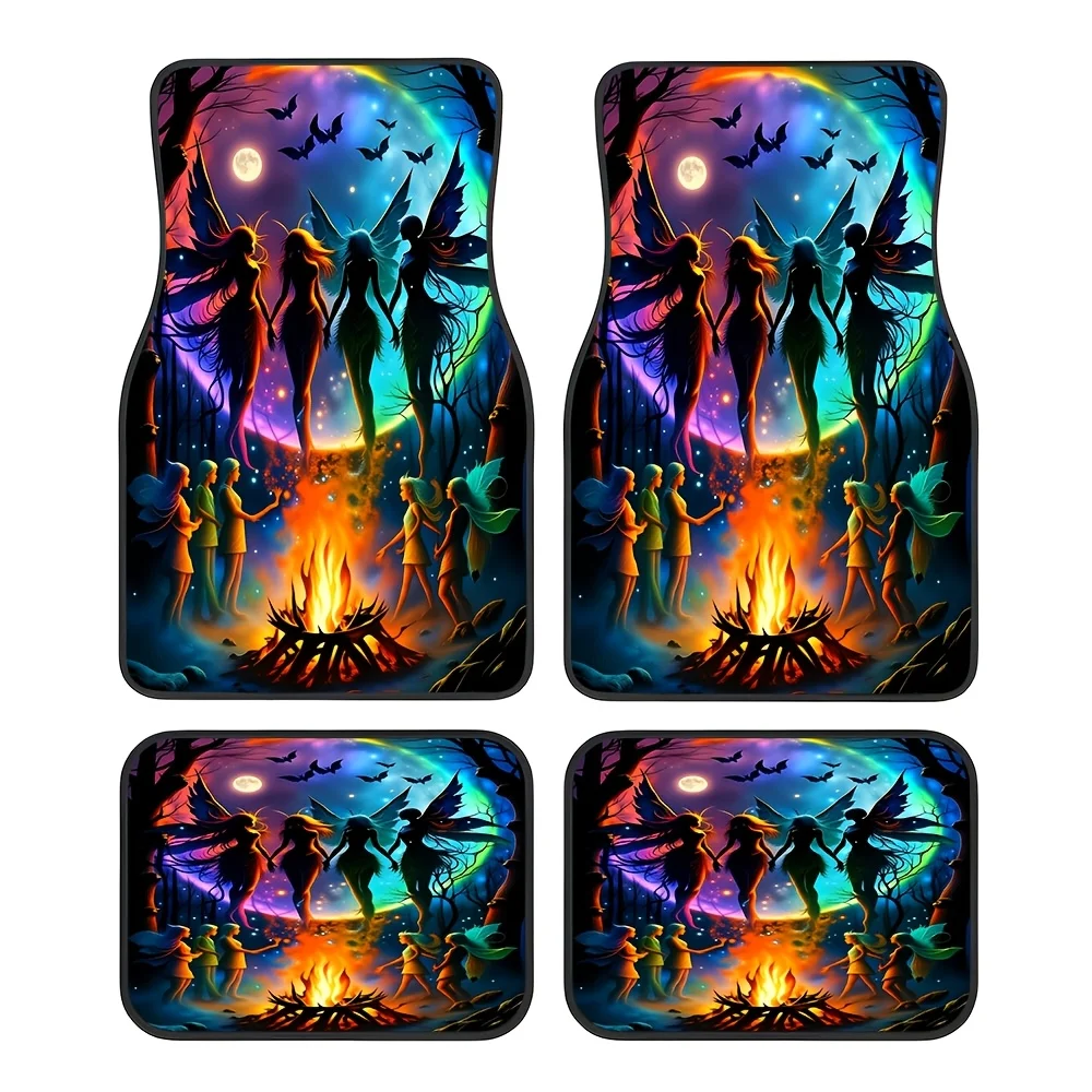 4pcs, Elf Campfire And Fantasy Forest Element Pattern,Themed Car Printed Car Floor Mats, Universal Non-Slip Car Mats Suitable Fo