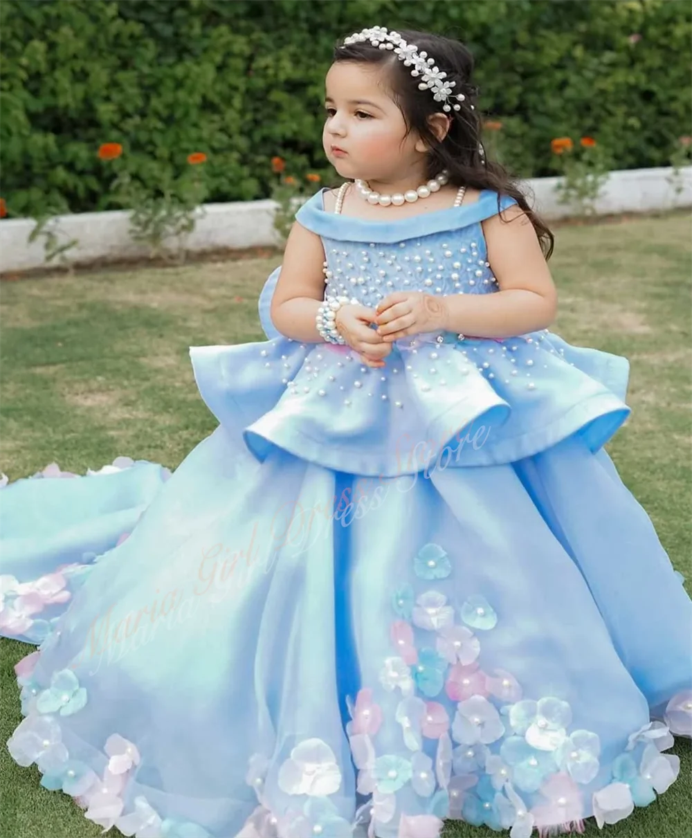 Princess Party Dress for Girls Luxurious Beauty Pageant Baptismal Dress with Fluffy Ruffled Edges And Trailing Pearls Decoration