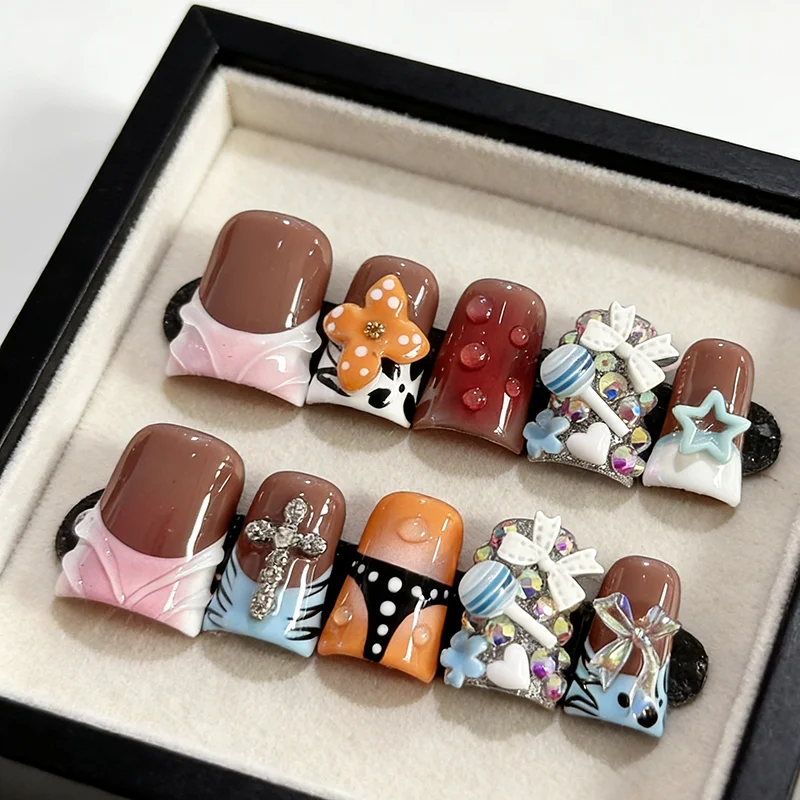 10Pcs Y2K Trendy Press on Handmade Duckbill Nails with Bow Flower Rhinestone Lollipop Design False Nail Tips for Spicy Girl