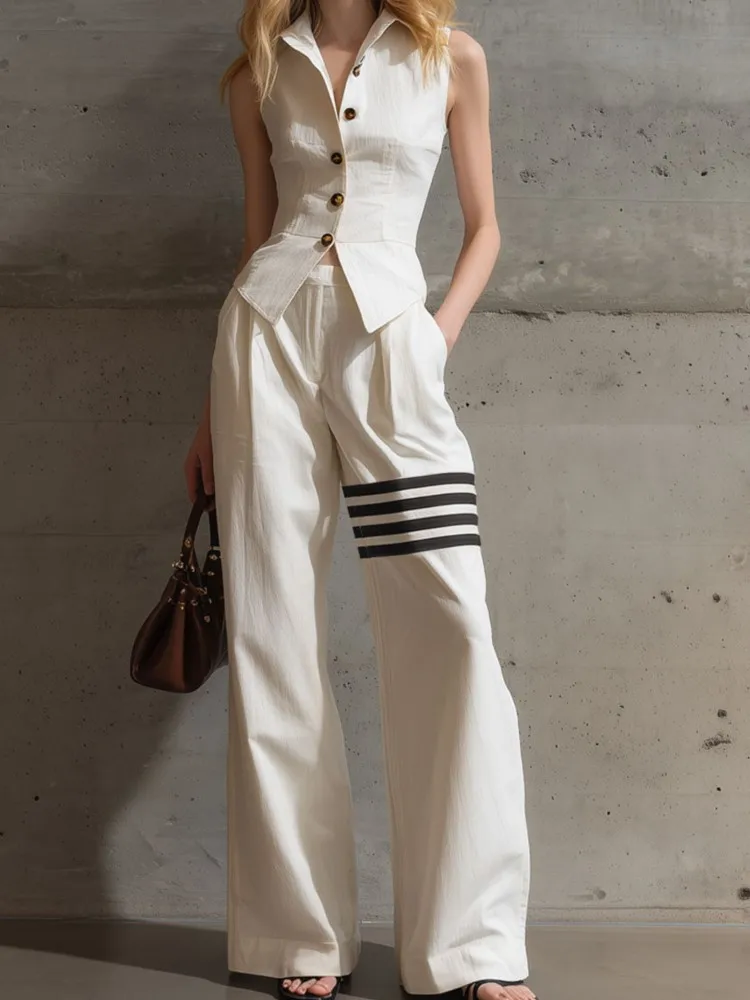 Women's Elegant Commuting Two-piece 2026 Fashionable Solid Color Sleeveless Single Breasted Waist Cinched Shirt Casual Pants Set