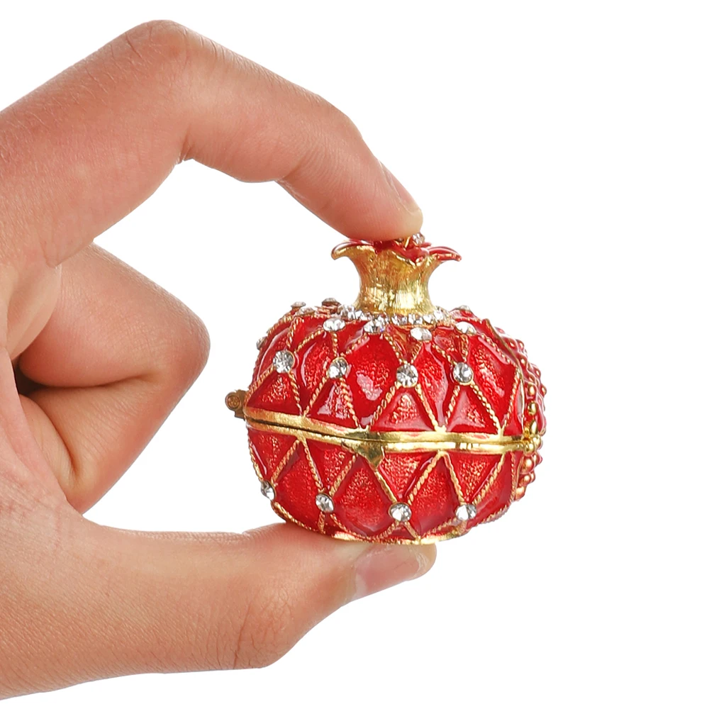 Hand Painted Pomegranate Trinket Box Decorative Hinged Rhinestone Jeweled Holder Colorful Enamel Ring