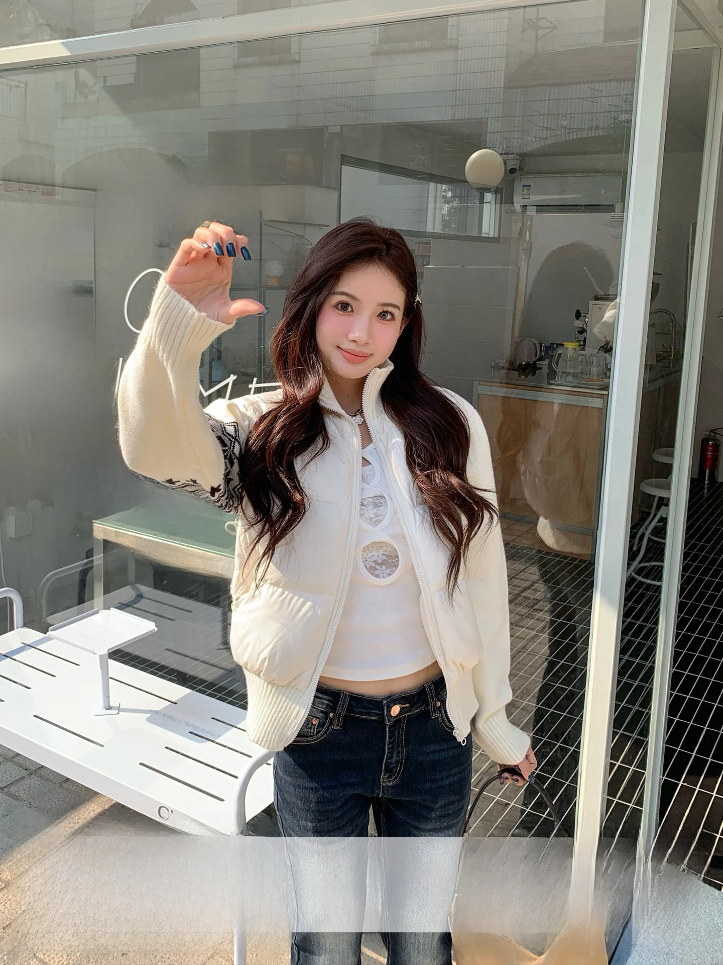 

Laid-ba Sle Orange Tree Knitted Patchwork Women's down Jaet Slim Fit Stand Collar ort Coat Casual Faion Design