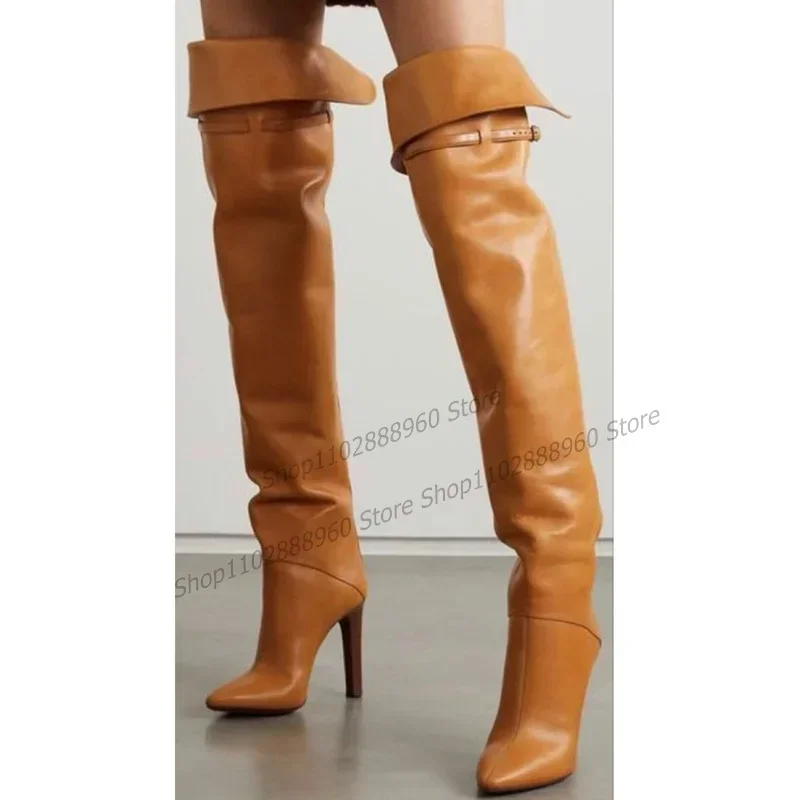 

Over The Knee Brown Matte Leather Belt Buckle Decor Boots Stilettos High Heel Women Shoes Pointed Toe 2023 Zapatos Para Mujere