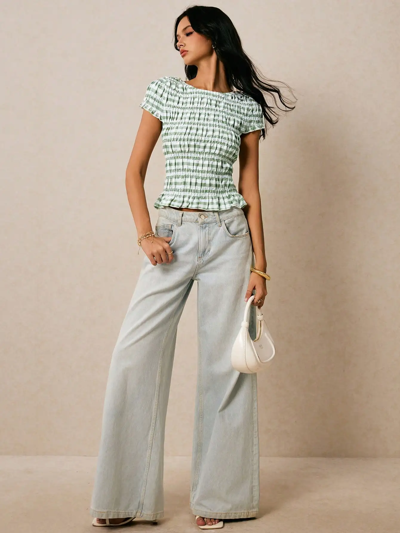 

Женская летняя повседневная блузка с коротким рукавом в клетку, мятно-зеленая