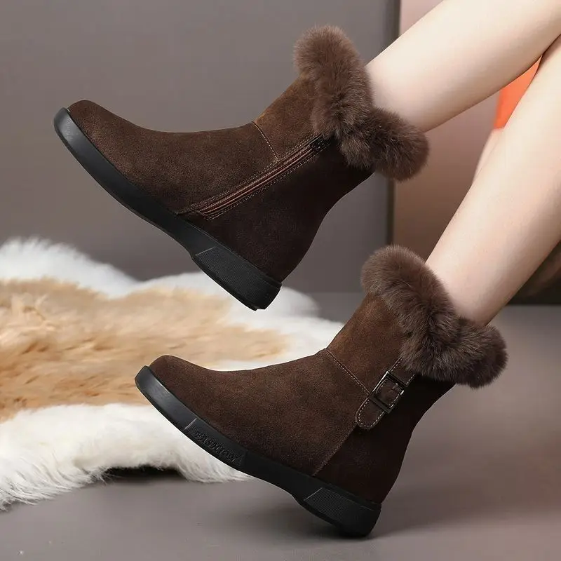 2024 Women\'s Winter Fashion Leather Warm Snow Boots with Plush Thick Soles Comfortable Non-Slip Cotton Shoes