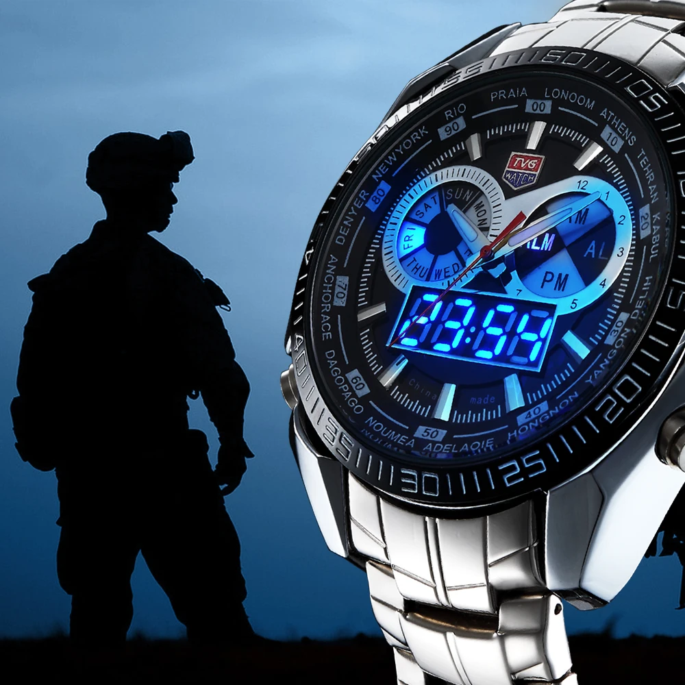 TVG Luxury Brand Man Watch Dual Display Digital LED Waterproof Sports Military Industry Quartz Clock Soldier Outdoor Business