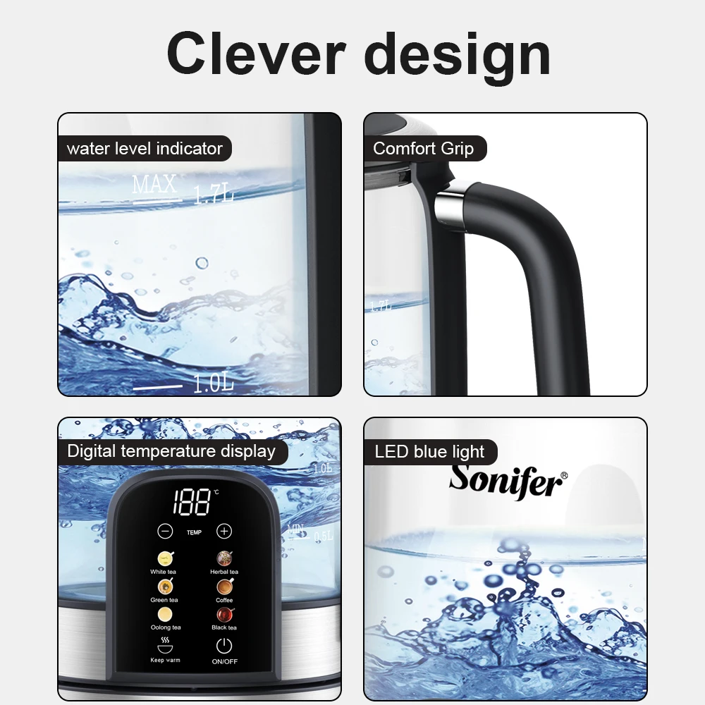 Sonifer 1.7L Glass Electric Kettle, Tea Kettle with Digital Temp Control, 6-Stage Heating, Keep Warm, 2200W Fast Boil