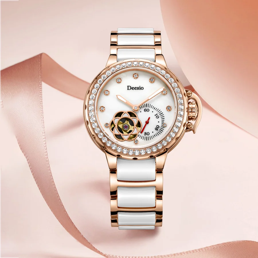 

Deesio Luxury Women Automatic Mechanical Watches Ceramic Material Strap Hollow Japan Movement Watches women Christmas Gift