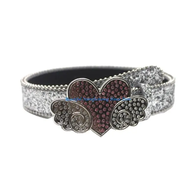 E56A حزام جلدي لامع للنساء حزام خصر بأحجار الراين حزام جينز عتيق حزام انتظار #5