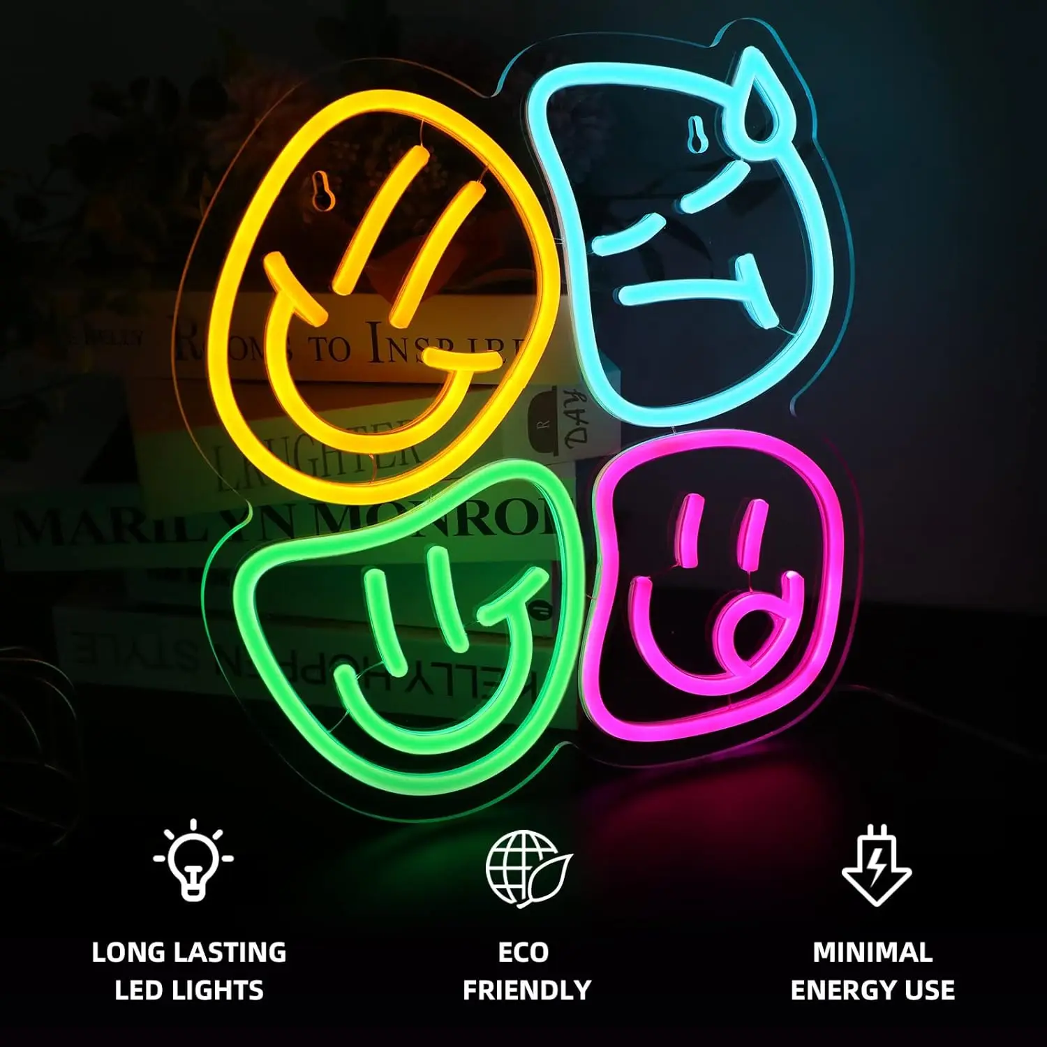 Smiley Face Neon Sign LED Wall Art USB Powered Acrylic Colorful Happy Emotion Cute Aesthetic Room Game Setup Bedroom Party Decor