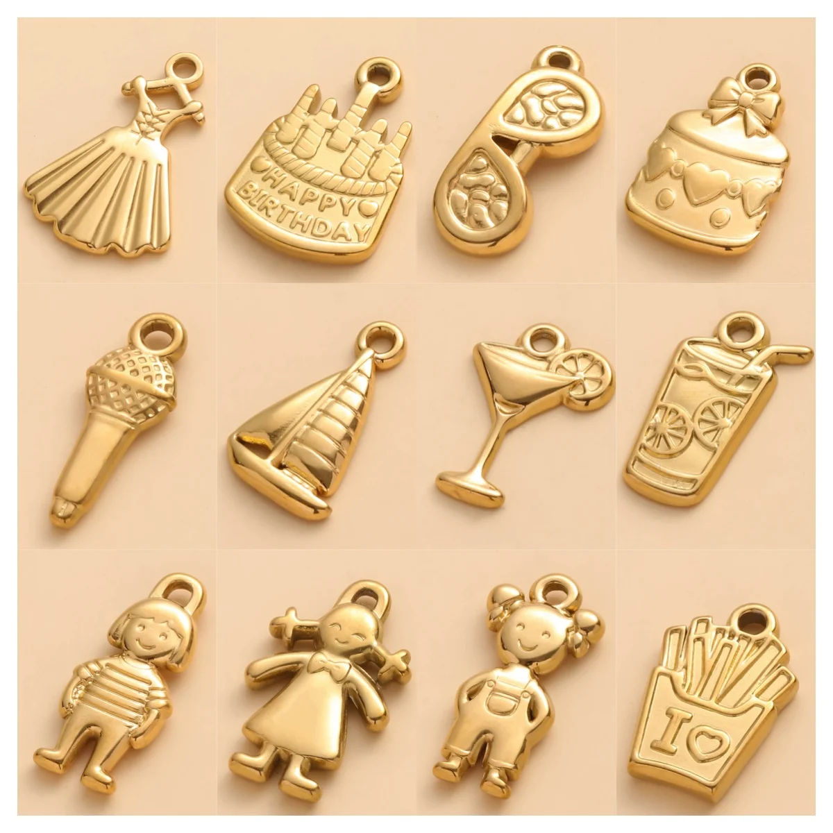 12pcs Lemonade Dress Little Girl 18k Real Gold Plated Charms Boat Sunglasses Good Friends' Party Pendants DIY Jewelry Accessory
