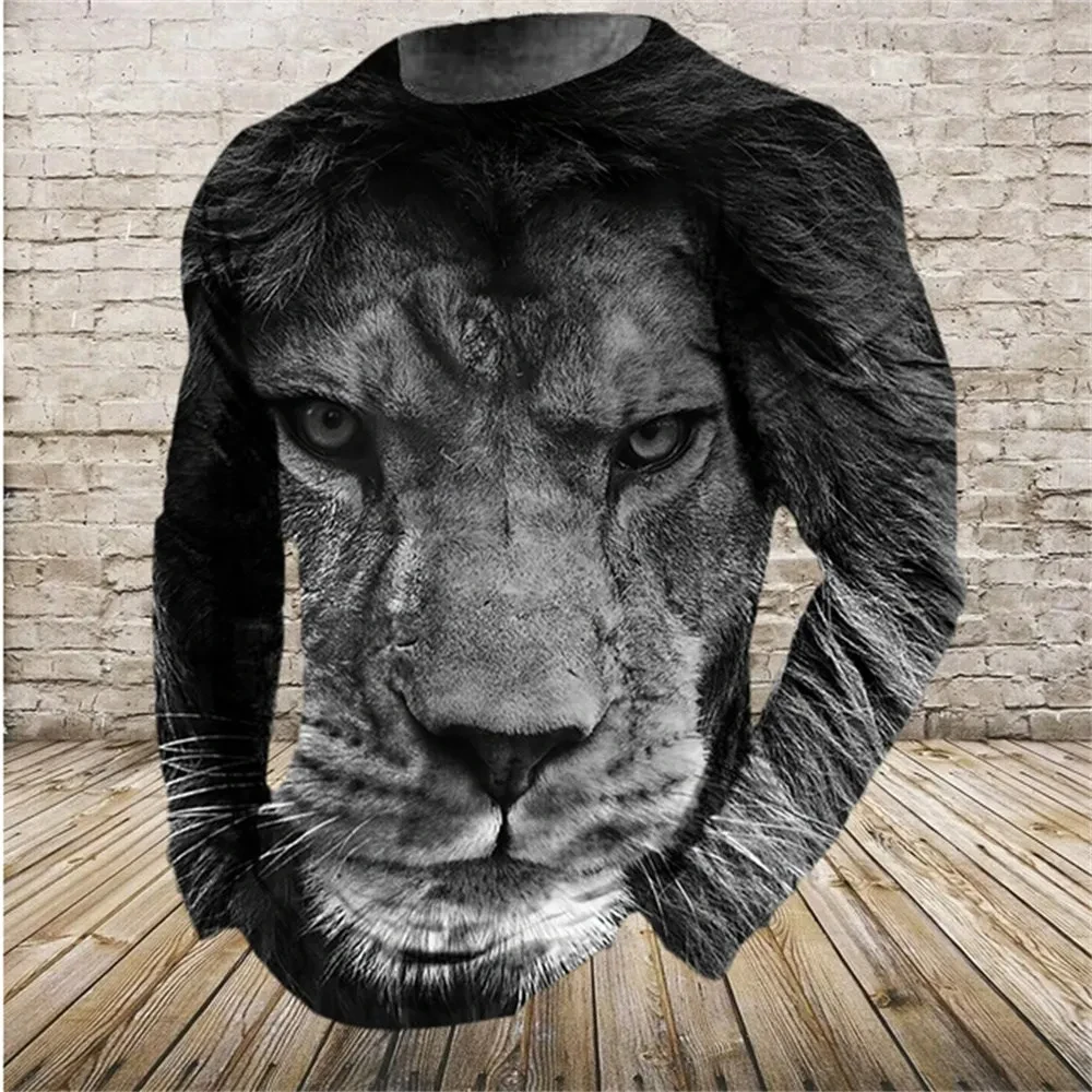 Fashion men\'s ferocious animal lion pattern printed T-shirt niche round neck loose long sleeve street style men\'s clothing top