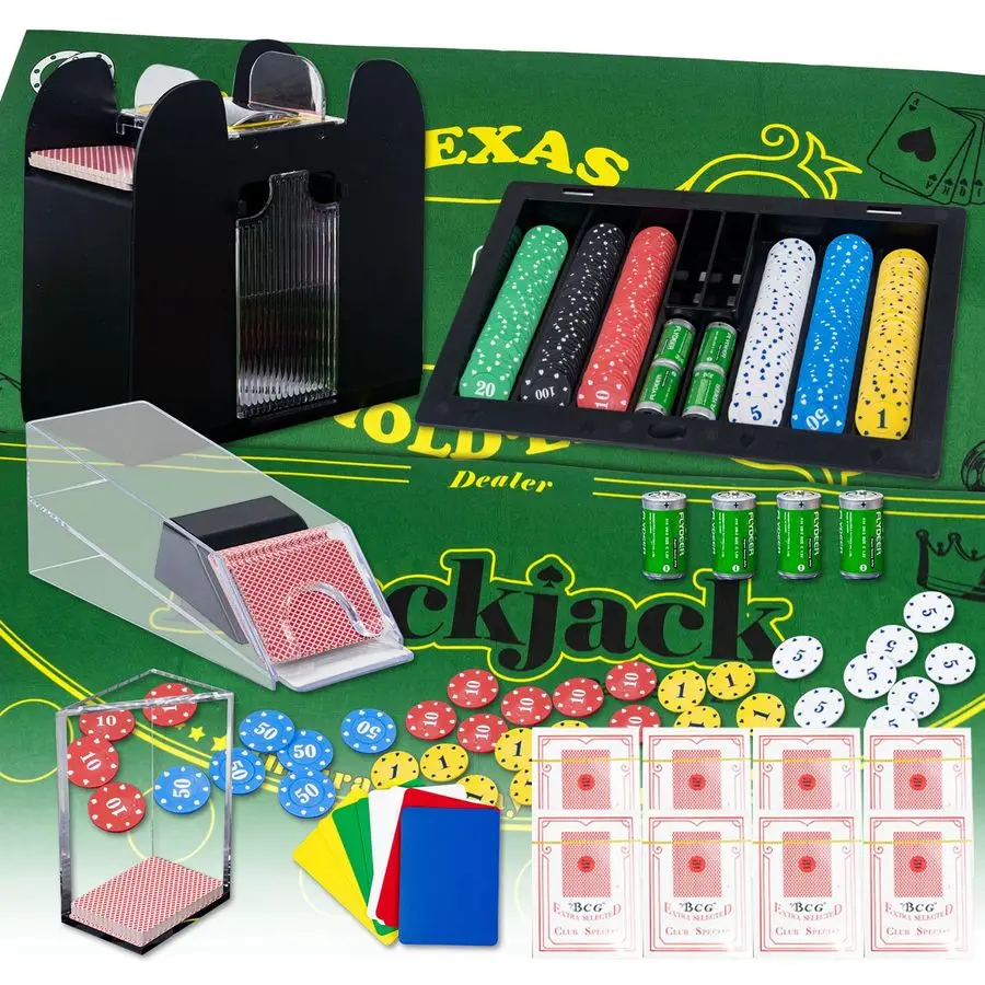Set da gioco da tavolo, set da poker Blackjack Texas Holdem con pattino per carte, vassoio per dischi, mescolatore automatico, rastrello per trucioli, 360 fiches, 8 mazzi di gioco
