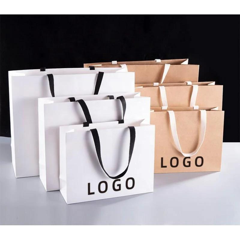 Customized product、Custom Gold Logo Matt Black Craft Shopping Bag Large Luxury White Packaging Paper Bags For Clothing