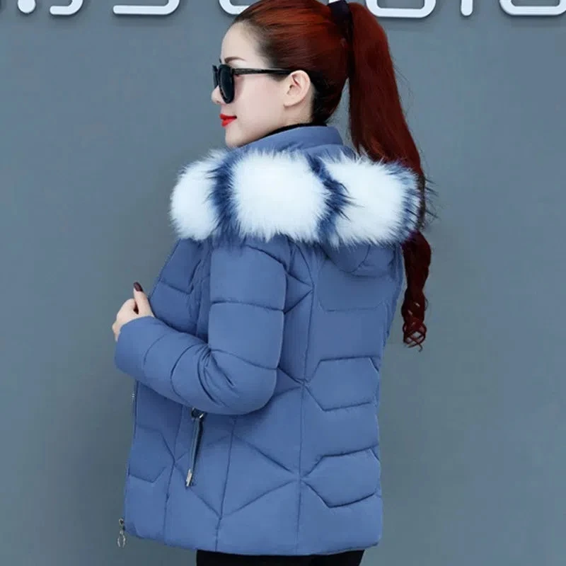 Winter Cotton Padded Clothes Women Warm Plush Short Cotton Coats Faux Fur Collar Hooded Cotton-padded Female Overcoat Jacket