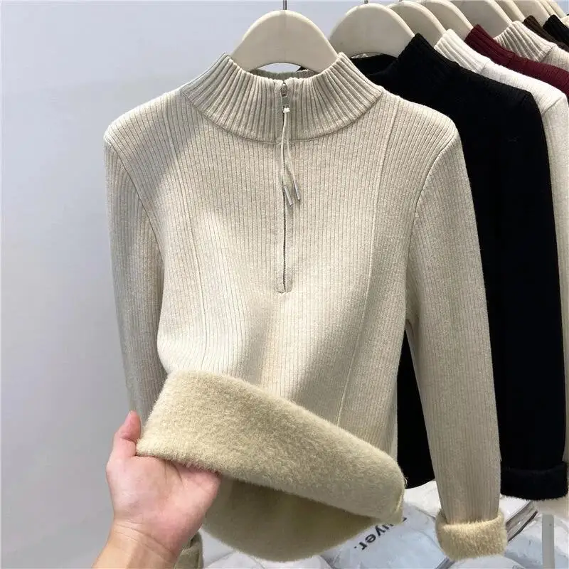 Zipper Half Turtleneck Sweater with Fleece Lining, Thickened Knitted Base Shirt for Women, Autumn and Winter Warm Inner Wear