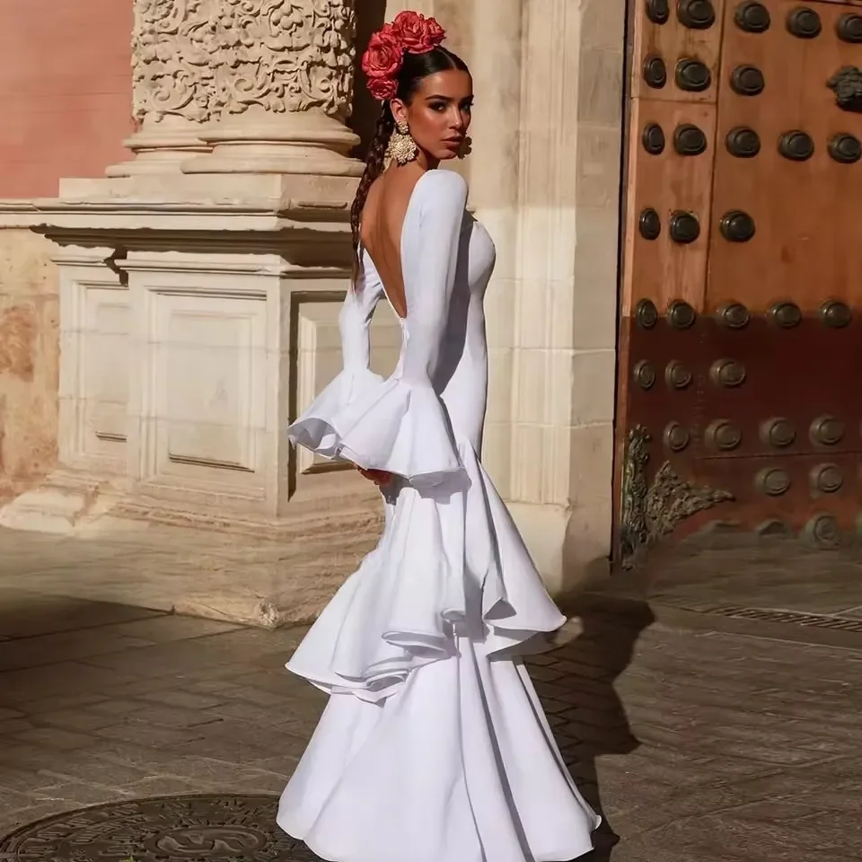 White Gypsy Prom Dance Dress for Women Ruffles Long Sleeves Backless Ceremony Party Formal Evening Dresses 2025