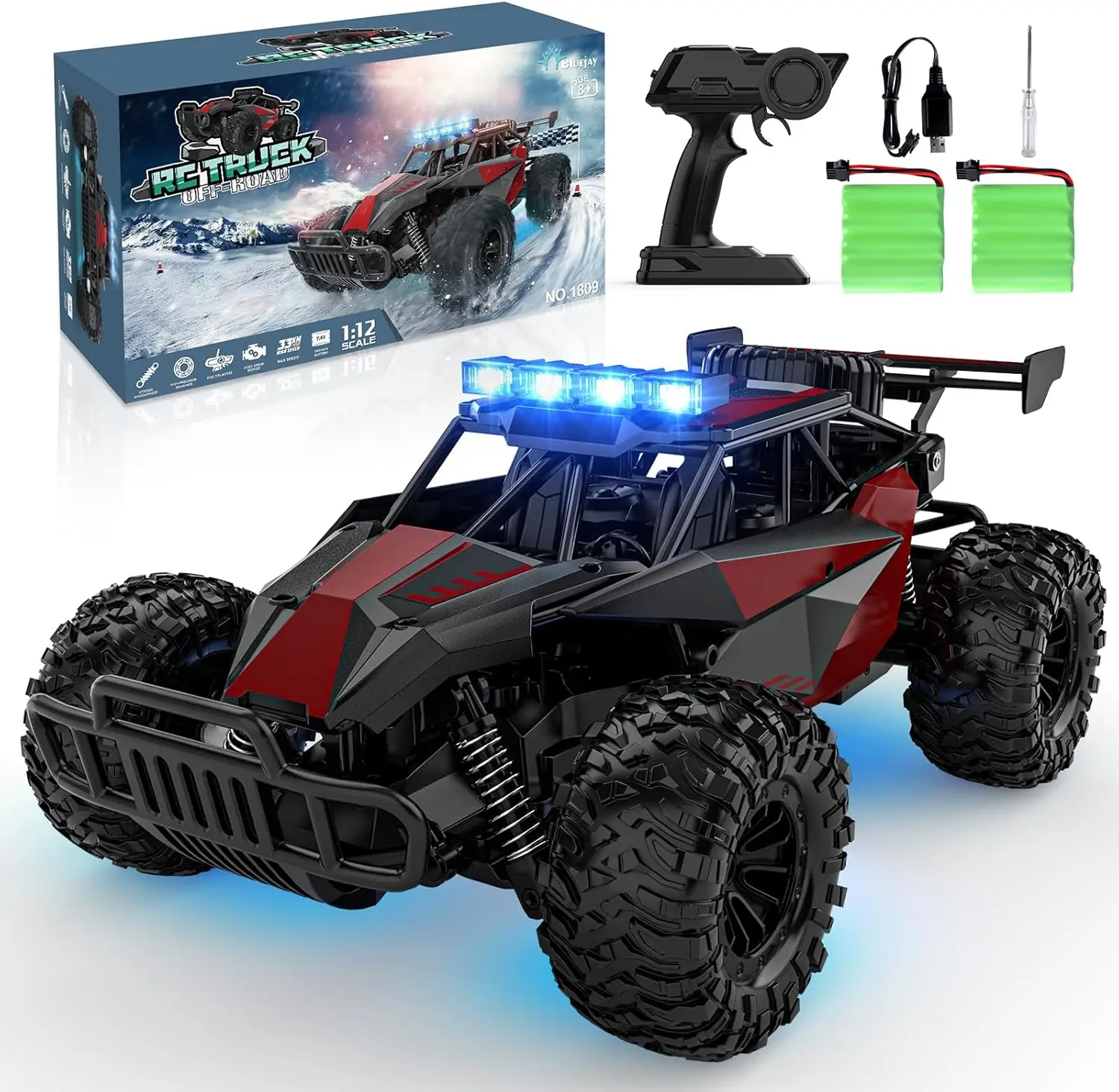 

Remote Control Car, 2.4GHz High Speed 33KM/H RC Cars Toys, 1:12 Monster RC Truck Off Road with LED Headlight