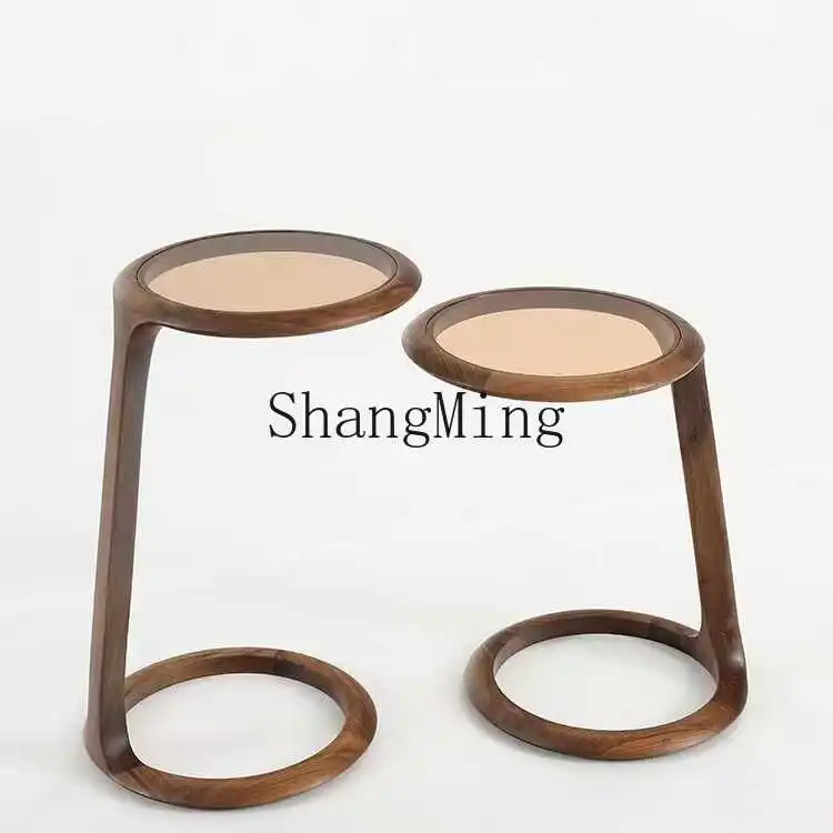 

HJ black walnut small round table living room small coffee table tempered glass side table