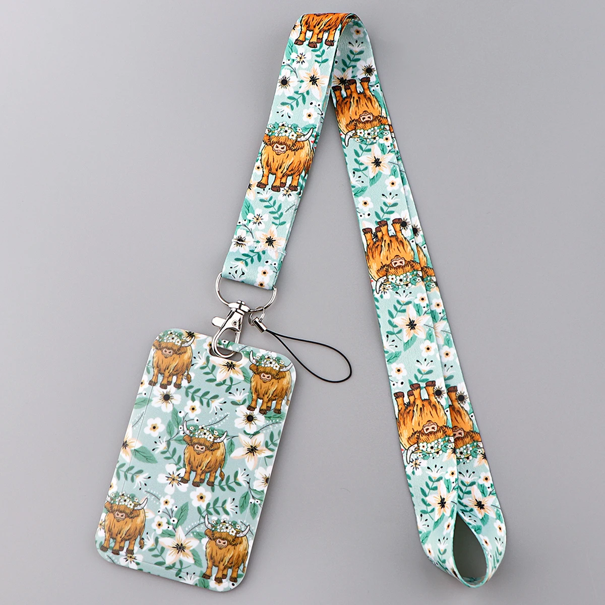 Porte-badge avec lanière de cou et pochette de protection, ensemble de couverture de carte de bus, mignon Highland Cow et Concerflowers