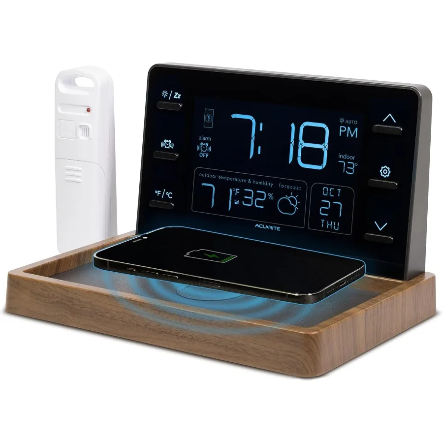 

Weather Valet with Qi-Certified Wireless Charging Pad Auto-Dimming LCD Screen Alarm Clock Hyperlocal Forecast Outdoor Temperatu