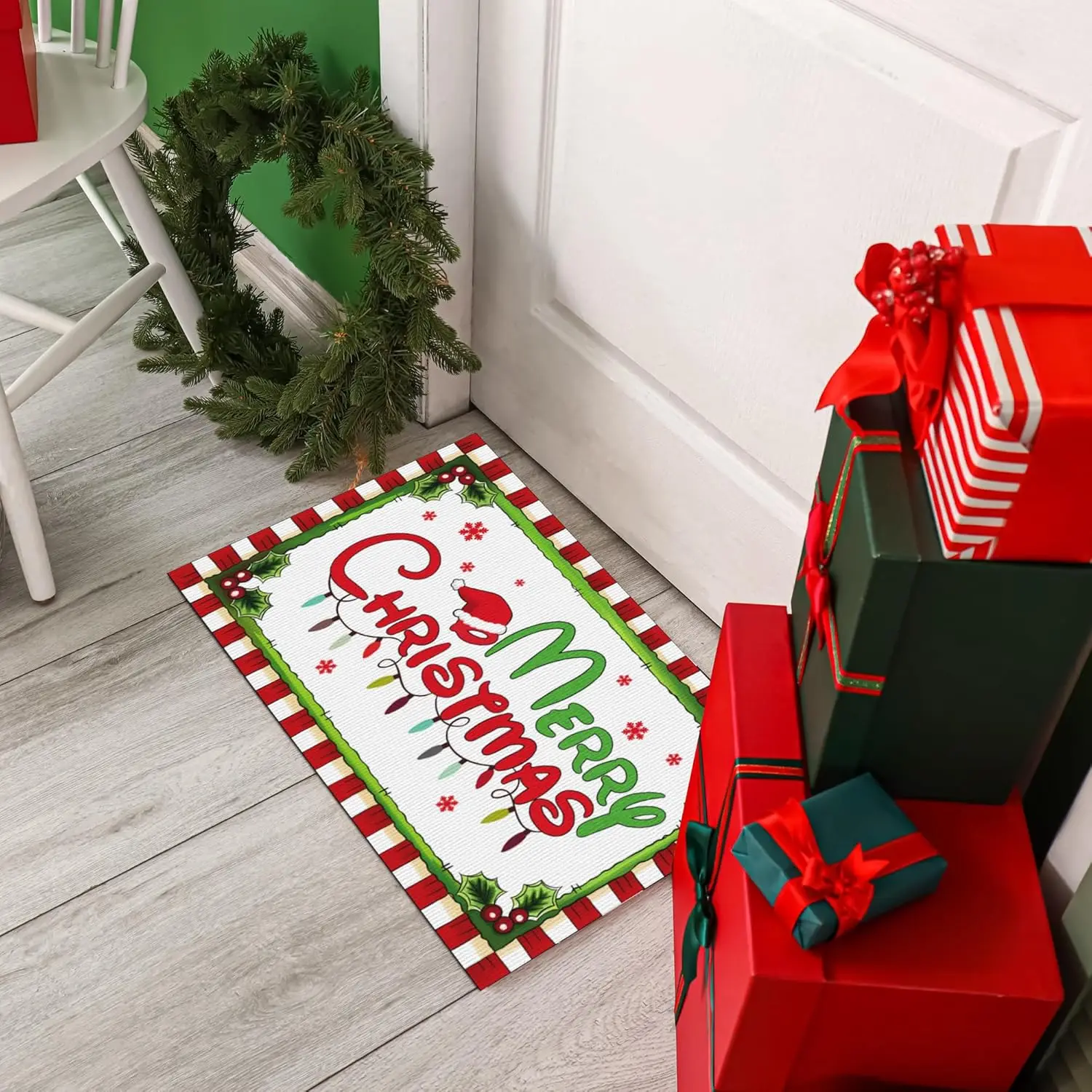 VIKAMA Christmas Happy Floor Mat Anti-Slip Indoor and Outdoor Welcome Mat for Kitchen and Living Room Carpet Home Decoration