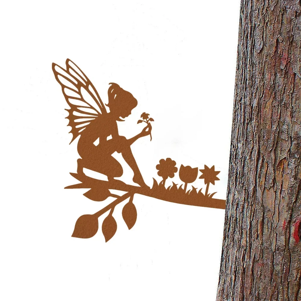 Picking Flowers Fairy On Branch Steel Silhouette - Infuse a Touch of Elegance and Charm Decor with this Gorgeous Metal Wall Art