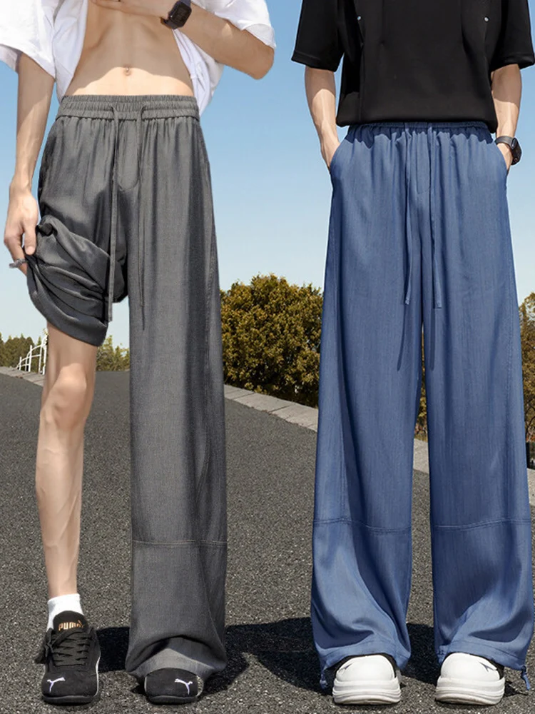 

Повседневные джинсы из ледяного шелка, мужские летние тонкие прямые длинные брюки, дышащие свободные расклешенные брюки, молодежные модные модные брюки