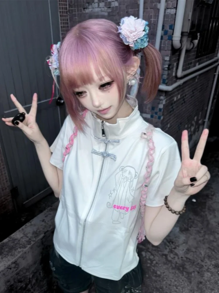 summer new anime print plate cute women's T-shirt emo tops Y2K retro Harajuku zipper cardigan women's short sleeved T-shirt