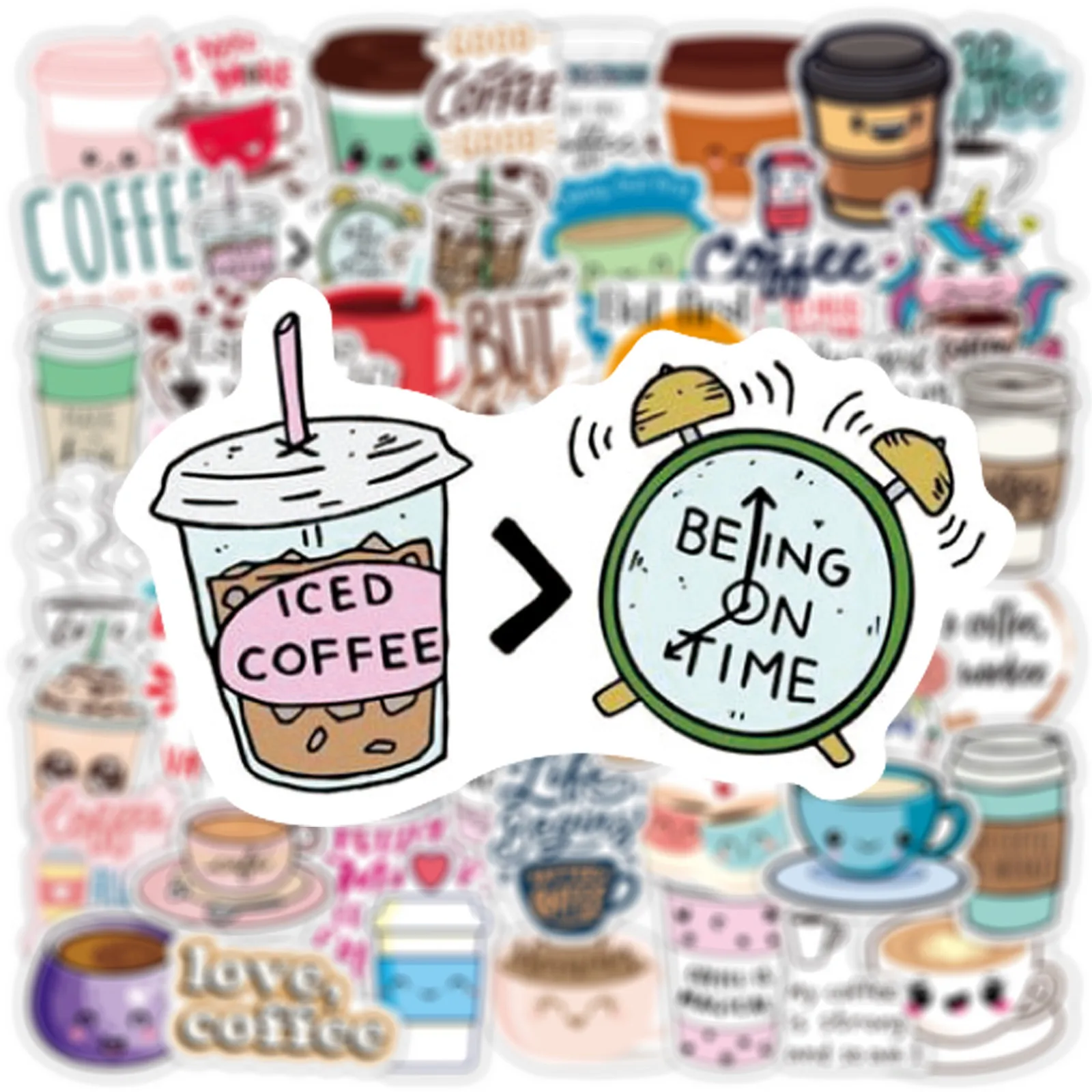 50pcs Cartoon Milk Tea Coffee Series Graffiti Stickers Suitable for Desktop Wall Decoration DIY Sticker Pack with Storage Box