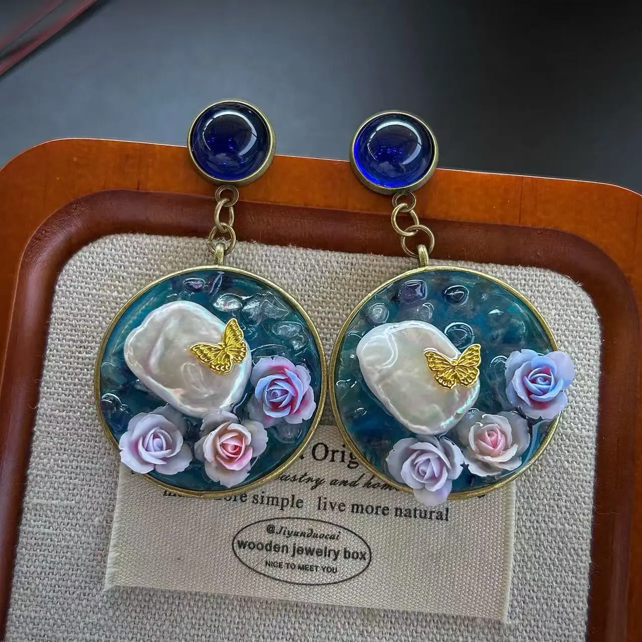 Original Design Natural Baroque Pearl Inlaid Butterfly Earrings Natural Fluorite Vintage Monet Garden Earrings