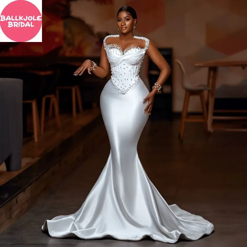 

Gorgeous African White Mermaid Evening Dress Hand Pearls Aso Ebi Bridal Gown Plus Size Elegant Wedding Dress Formal Party Gowns