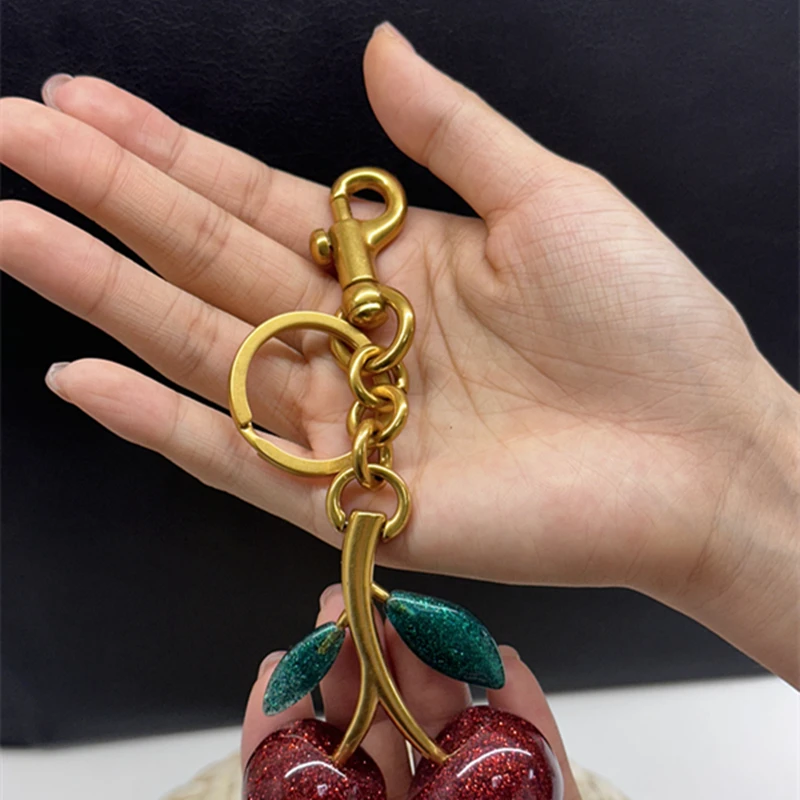 Internet-famous Green Leaf Crystal Cherry Pendant Decoration For Handbag Shoulder Bag Exquisite Keychain Attachment Part