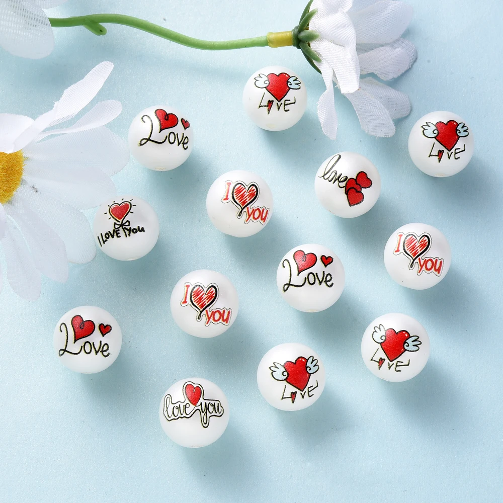 10pcs Print Heart  Acrylic Beads Round Loose Beads For Handmade Pacifiers Chain Beaded Pen Bracelet Necklace Accessories
