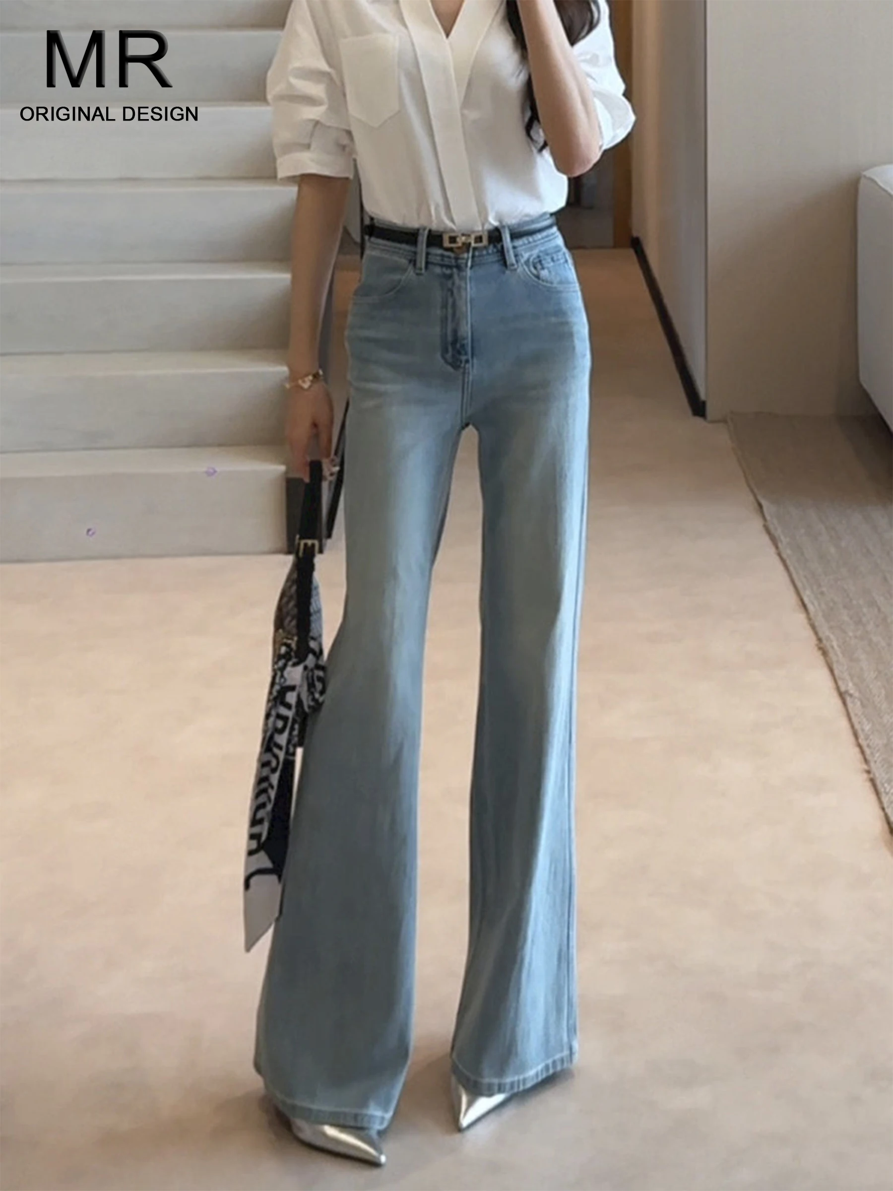 

Джинсы-клеш с высокой талией для женщин, весенне-летние, облегающие, длинные брюки, повседневные, в американском стиле, из денима, синего цвета, с карманами