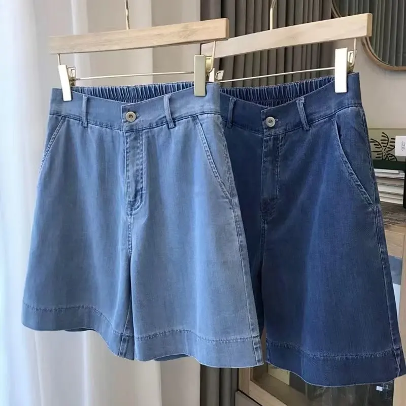 ummer High Waist Denim Shorts Women Casual Loose Ladies Fashion Plus Size Elastic Waist Wide Leg Short Jeans Female