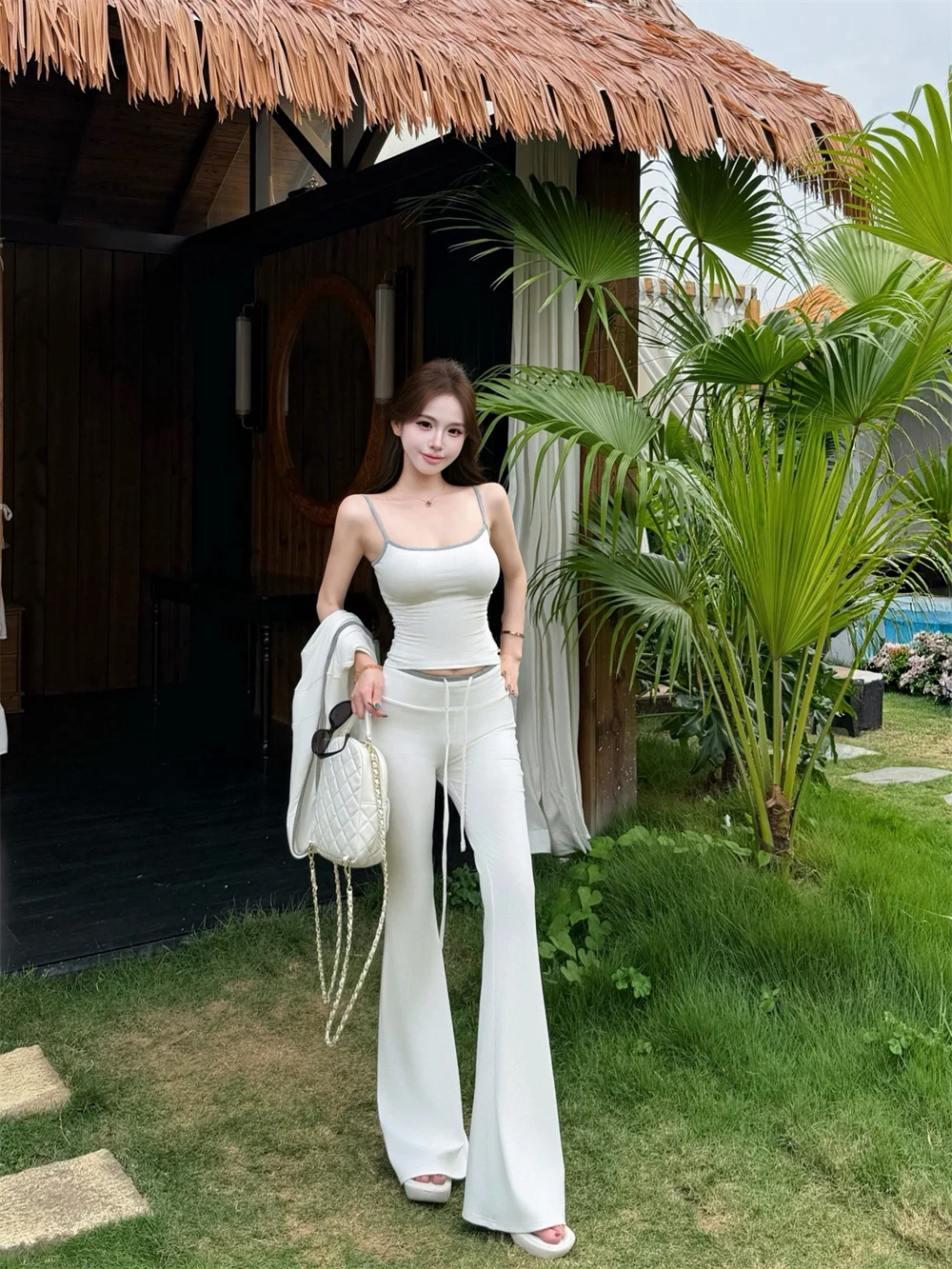 White Hooded Long Sleeve Open Cardigan Inner Short Strap Vest Women Summer Pure Desire Set Flared Pants Two Piece Set view 3