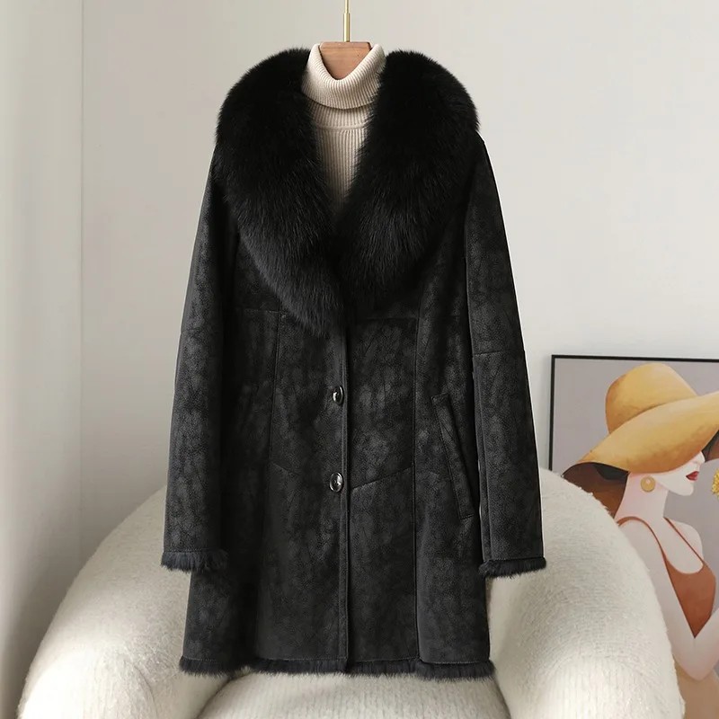 2024 Winter New Rabbit Fur Thicken Jacket Lady Fox Fur Collar Warm Fashion Slim Medium-length Coat JT454