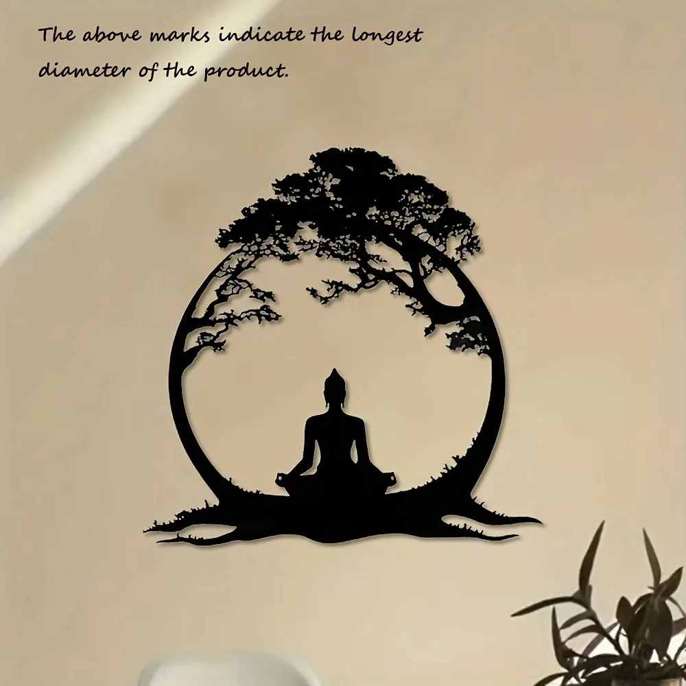 Meditation Scene Metal Wall Art Black Lacquered Vintage Tree Plaque Elegant Home Wall Hanging Decor