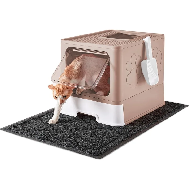 

Cat Litter Box with X-Large Litter Mat and Scoop, Large Foldable Litter Box with Lid, Front Top Entry Exit Kitty Box