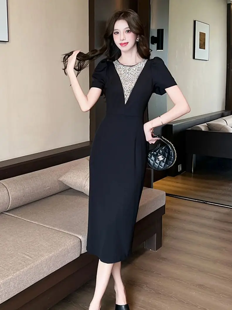 

2025 Summer New Fashion Collision Color Waist Long Red Dresses Women Elegant Office Lady Puff Sleeve Sequins Slim Pencil Dress