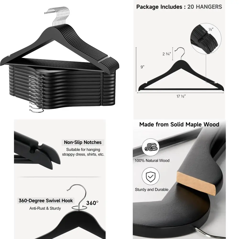 schwarze Holzbügel, 20er-Pack Holzbügel für Schränke, Kleiderbügel für Mäntel, Hemden, Hosen, Anzüge