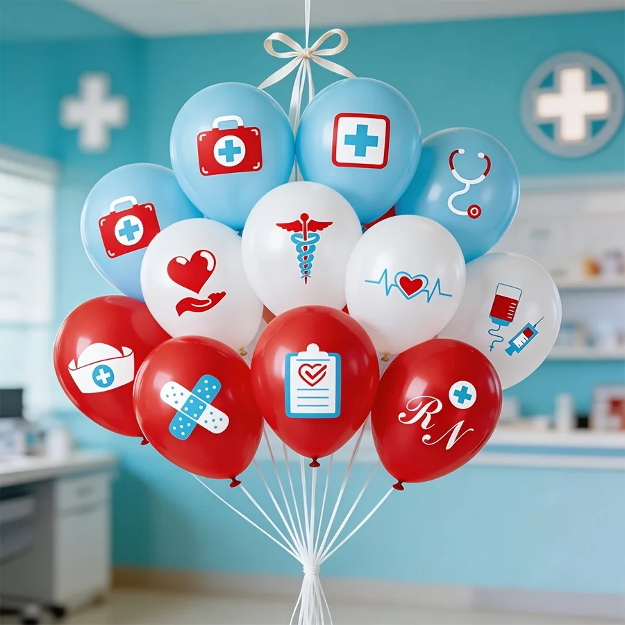 Krankenschwester Arzt Medizinisches Thema Latex-Ballon-Set, Rot Weiß Blau RN Pflege Bedruckte Ballons für Krankenschwester-Abschlussfeier, RN-Woche, Medizin