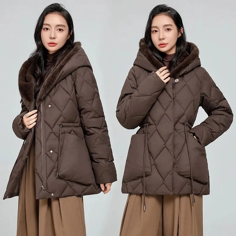 Plus Piumini invernali spessi e caldi in velluto Nuovo cappotto Parka da donna Tasche grandi Vita Trther Giacche imbottite in cotone con cappuccio Tendenza