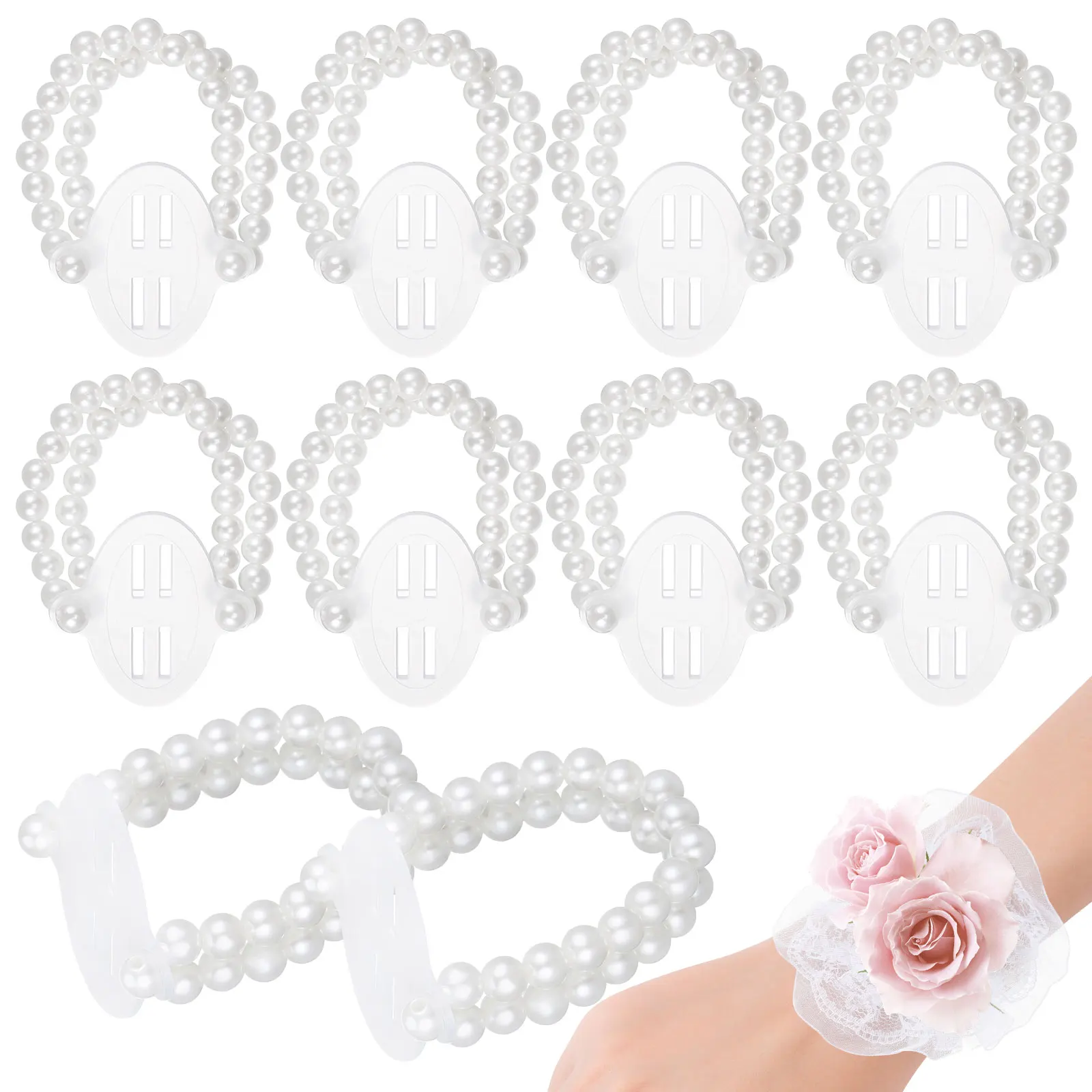 

10 pcs Pearl Flower Wristband Double Layer Faux Bridal Hand Jewelry Elastic Bracelet Wedding Prom Small Lightweight for women)