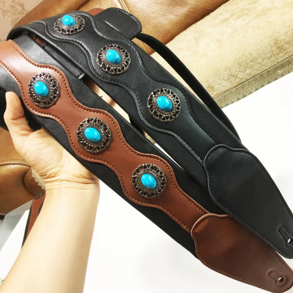 Guitar Strap Ethnic Style Leather Adjustable Acoustic Electric B  Strap Guitar Belt Guitar Parts Accessories Brown