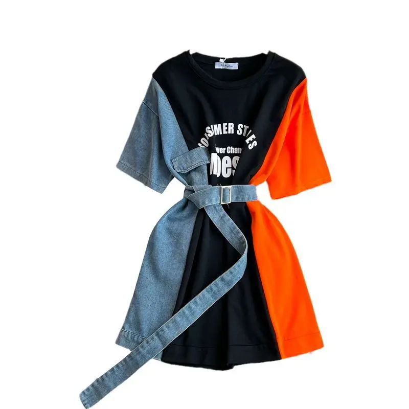 女性コントラストカラーパッチワークデニム Tシャツジーンズスプライシングレタープリントスプライシング Tシャツスカートベルト付き痩身ウエスト A ラインドレス