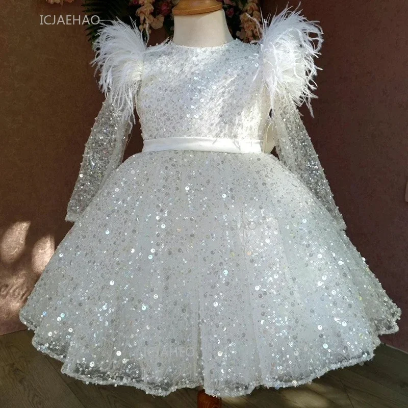 

Элегантное праздничное платье, белые детские тюлевые платья с длинными рукавами для девочек, детское вечернее платье с перьями, костюмы, блестящая одежда с цветочным узором для девочек