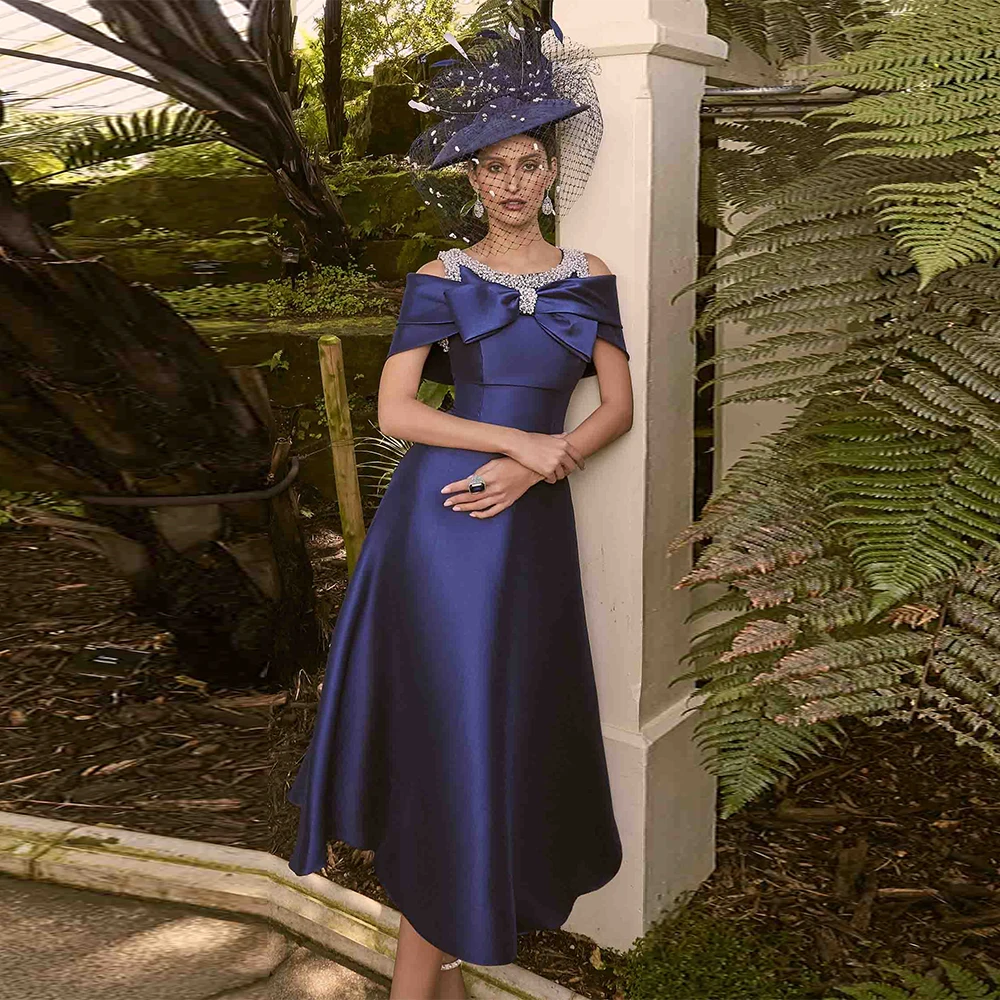 

Exquisite Mother of the Bride Wedding Dresses Satin A-line Cocktail Party Dress Royal Blue Off-the-shoulder Pearls Bow Prom Gown
