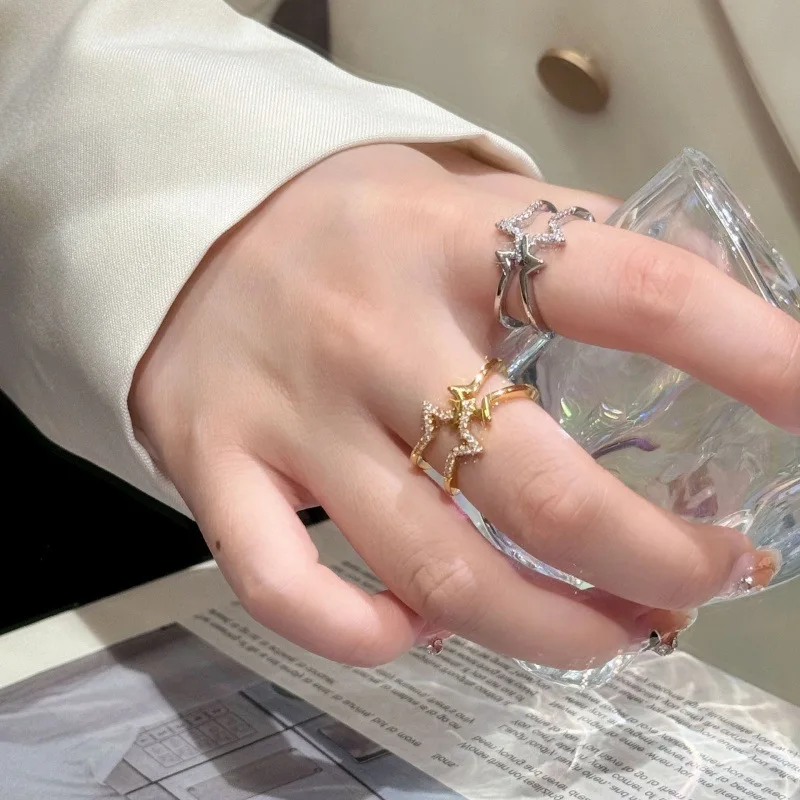New Fashion Star Zirconia Open Ring Minimalist High-End Adjustable Ring for Women Fresh Cute Stackable Jewelry Wholesale